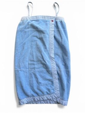 Tommy Hilfiger Terry Cloth Bath Wrap Spa Towel Blue Elastic Top Strap Wrap
